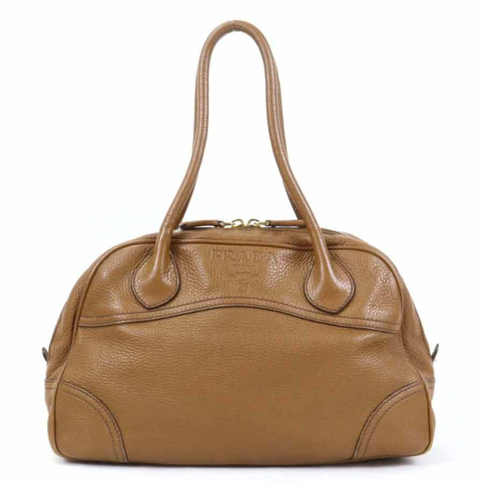 Prada Handbag Logo Leather Brown Gold Unisex